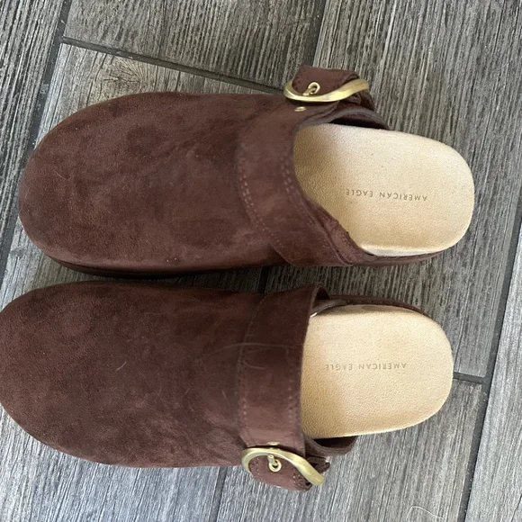 American Eagle Outfitters Brown Suede Buckle Clogs - Picture 1 of 4